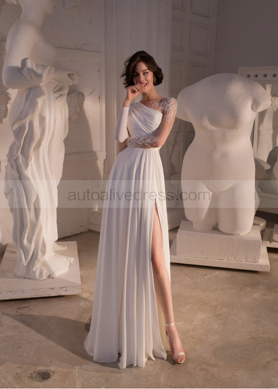 Beaded Ivory Lace Chiffon Slit Airy Wedding Dress Beaded Ivory Lace Chiffon Slit Airy Wedding Dress